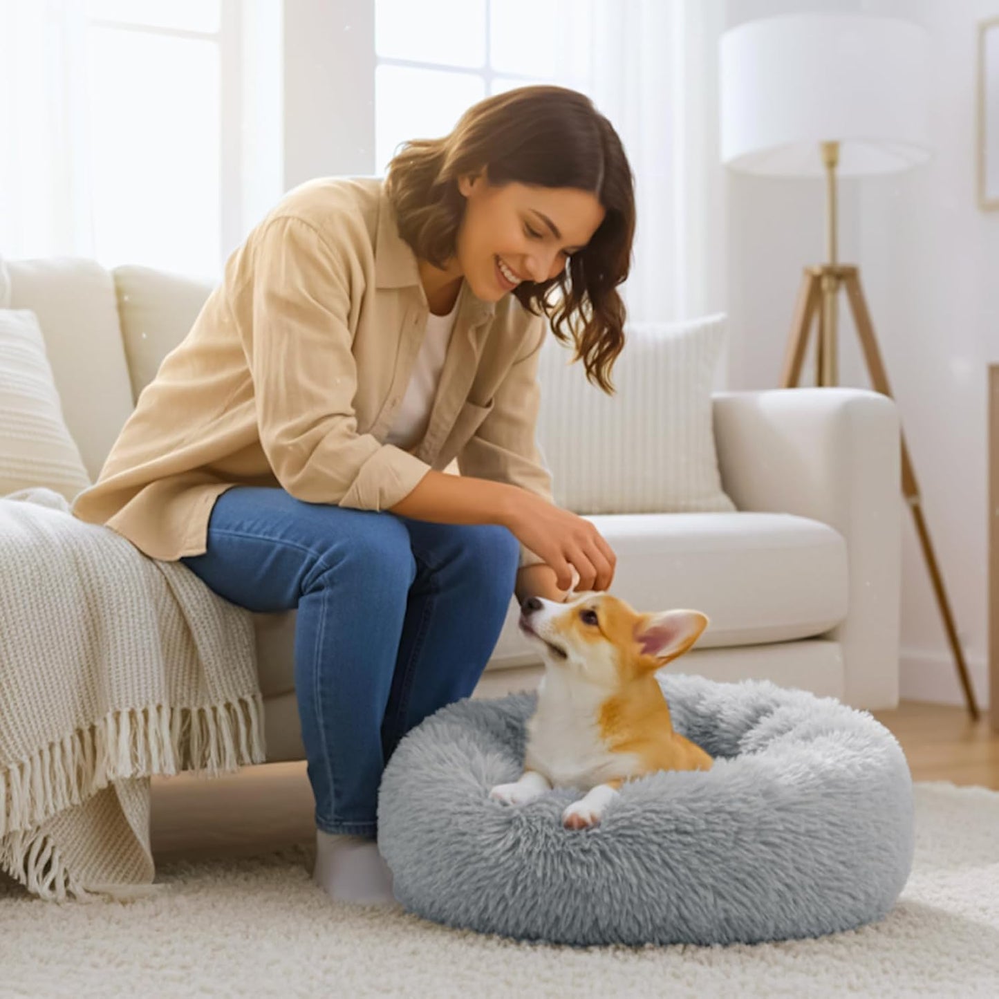Calming Anti-Anxiety Donut Dog & Cat Bed | Round Fluffy Washable Pet Cushion