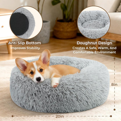 Calming Anti-Anxiety Donut Dog & Cat Bed | Round Fluffy Washable Pet Cushion