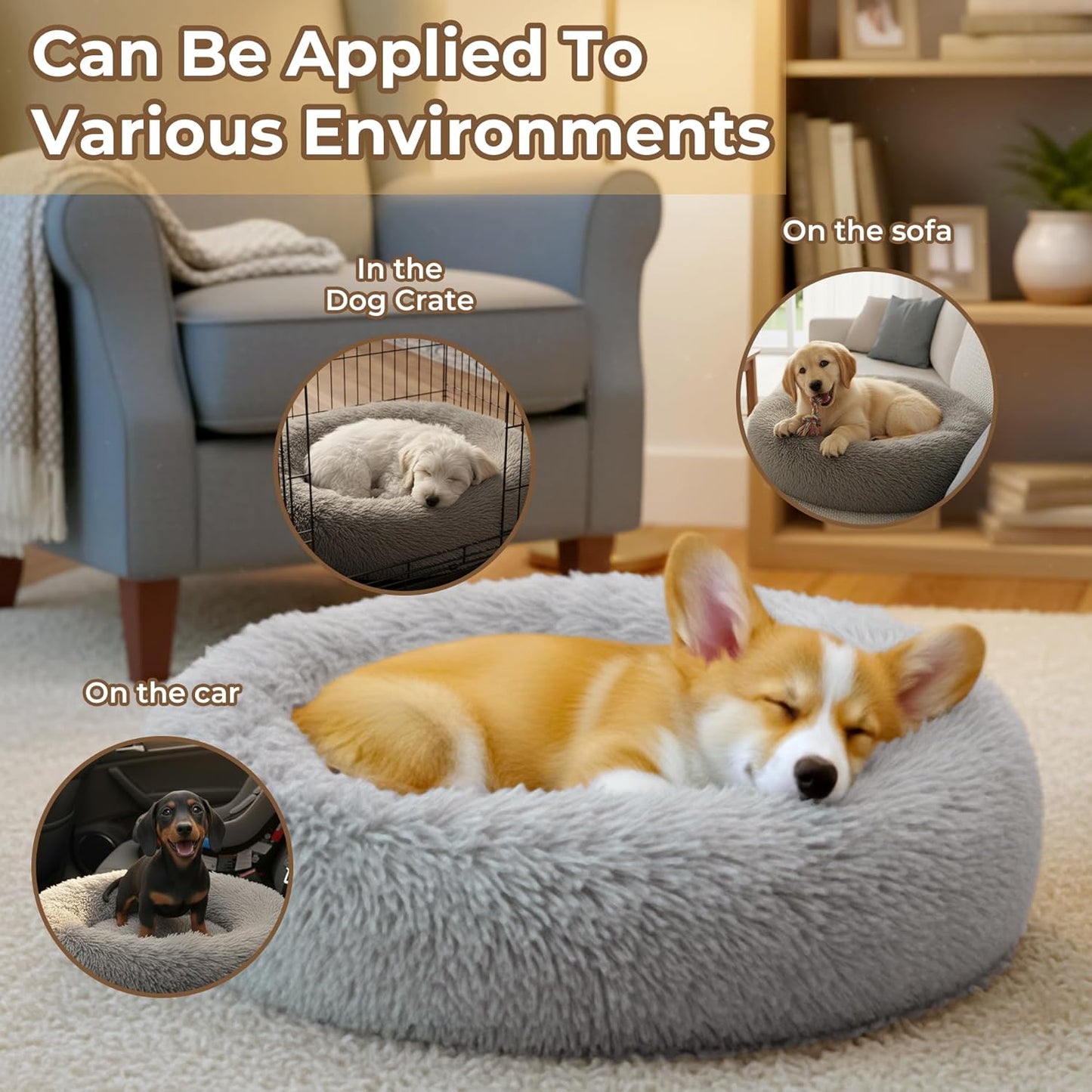 Calming Anti-Anxiety Donut Dog & Cat Bed | Round Fluffy Washable Pet Cushion