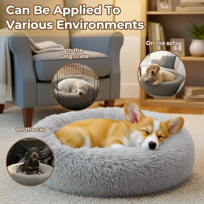 Calming Anti-Anxiety Donut Dog & Cat Bed | Round Fluffy Washable Pet Cushion