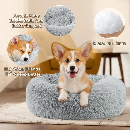 Calming Anti-Anxiety Donut Dog & Cat Bed | Round Fluffy Washable Pet Cushion